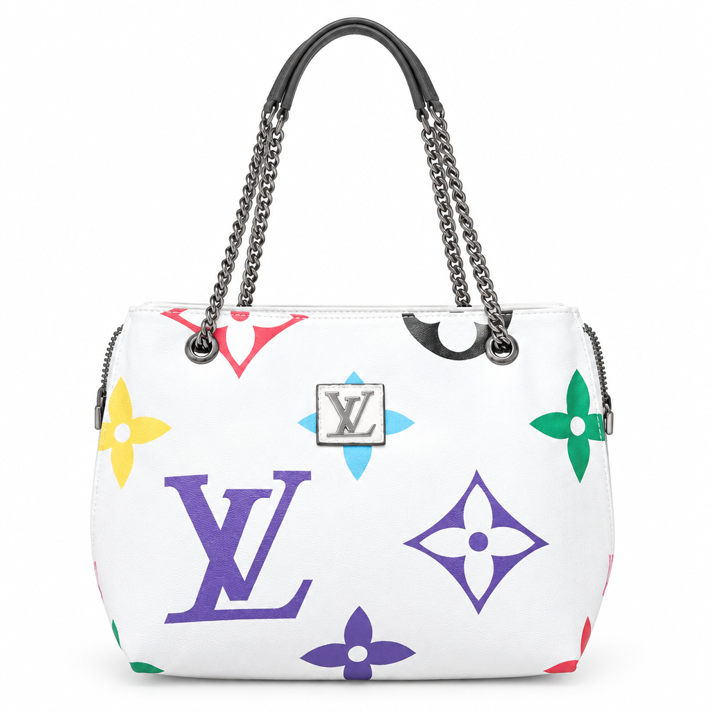 Designer style chain handle tote - Louis Vuitton style white multicolor giant monogram, studio view