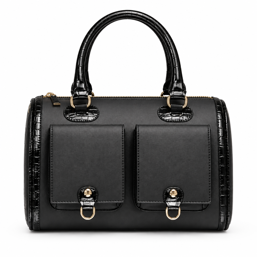 Croc trim barrel handbag with front pockets - black, studio view