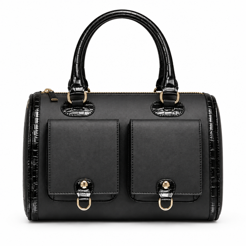 Croc trim barrel handbag with front pockets - black, studio view