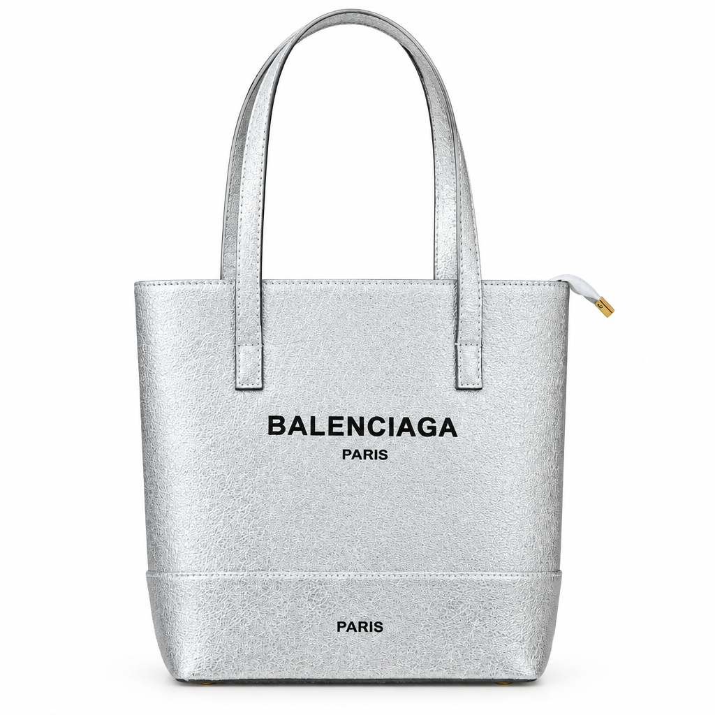 Balenciaga style metallic mini tote - silver, studio view