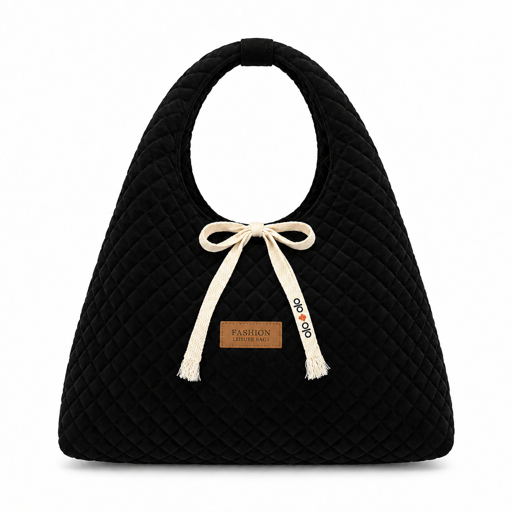 Diamond-Quilted Ribbon Bow Shoulder Tote - matte black, studio view