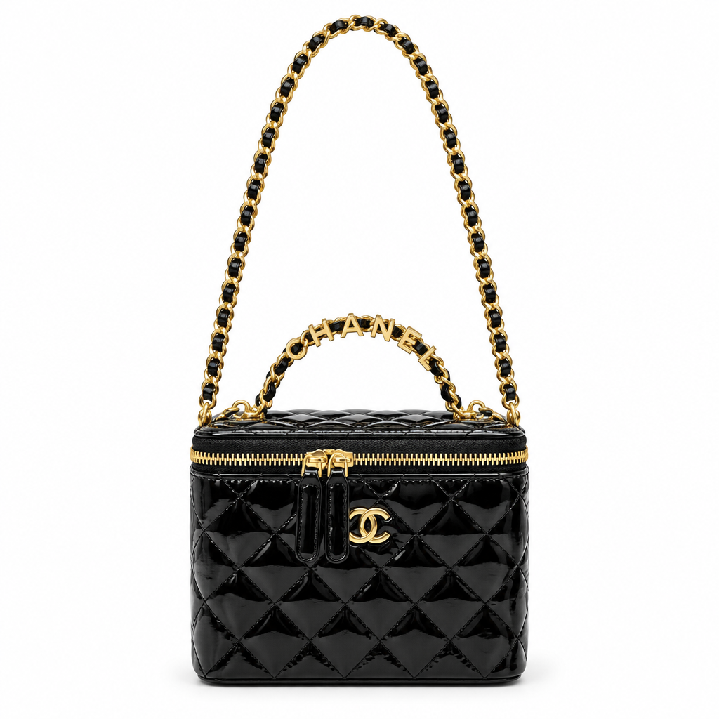 Chanel style quilted vanity case with CHANEL letter handle - black patent, studio view