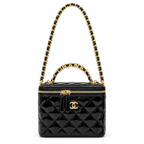 Chanel style quilted vanity case with CHANEL letter handle - black patent, studio view