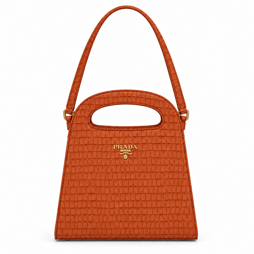 Prada style croc embossed cut-out handle bag with strap - burnt orange, studio view