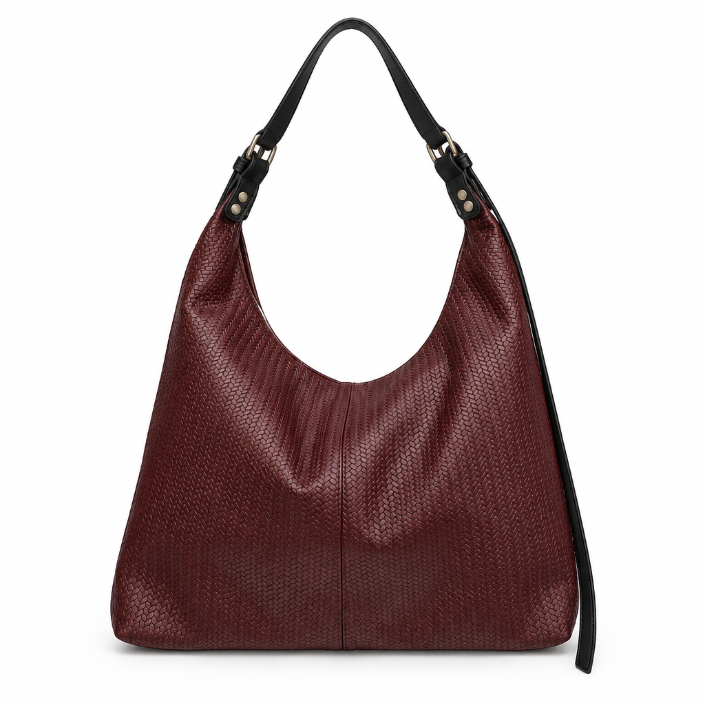 Woven Texture Adjustable-Strap Slouchy Hobo Bag - burgundy, studio view