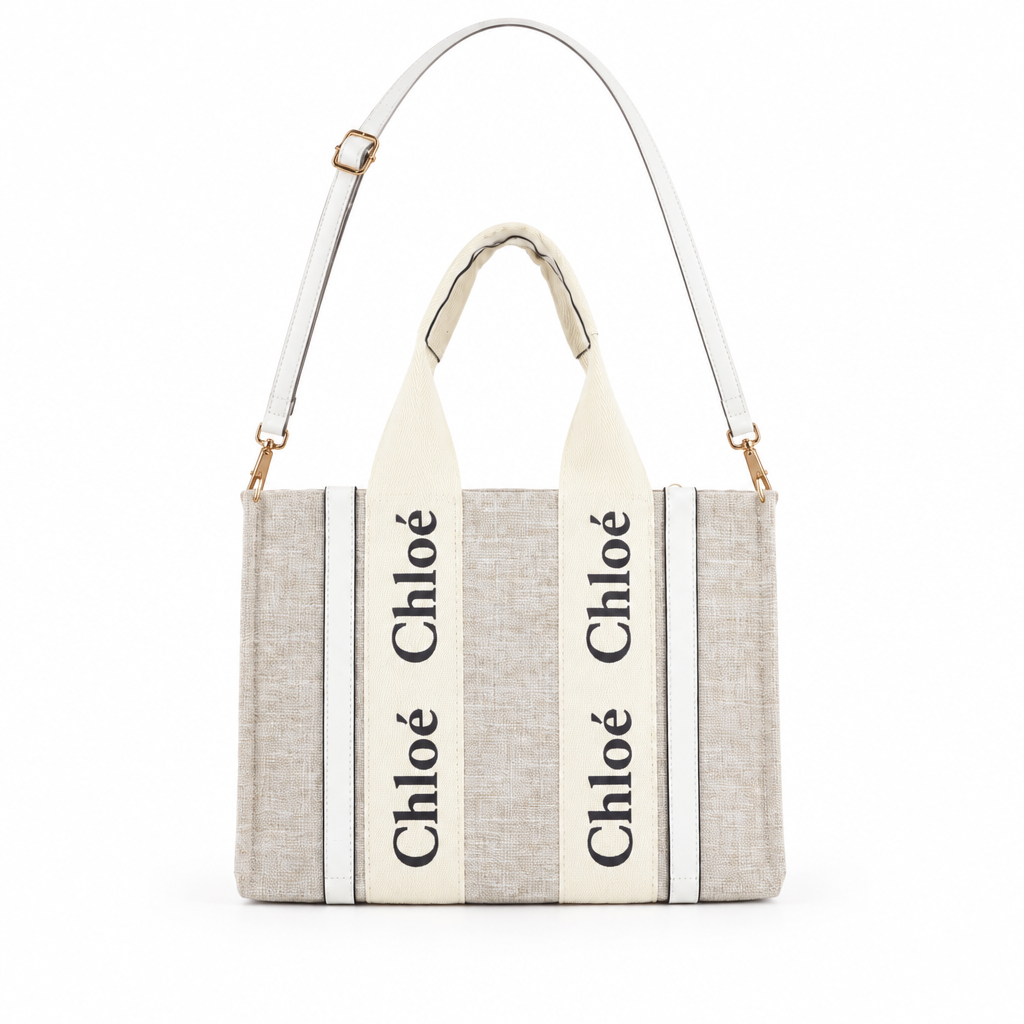 Chloe style Woody canvas tote with logo ribbon - natural beige, studio view