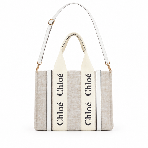 Chloe style Woody canvas tote with logo ribbon - natural beige, studio view
