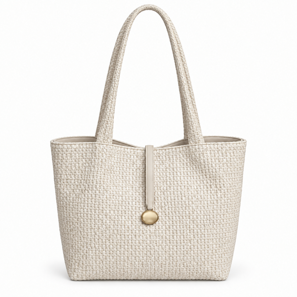 Woven Texture Gold-Charm Shoulder Tote - cream, studio view