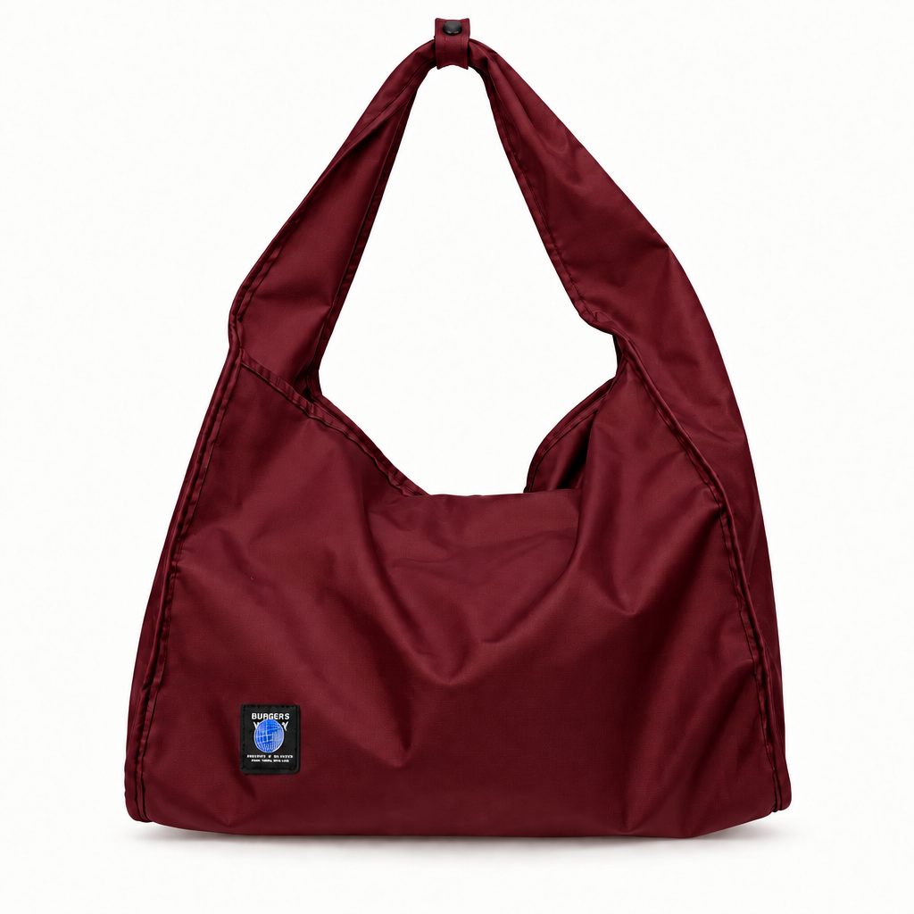 Globe Patch Wide-Strap Slouchy Shoulder Bag - burgundy, studio view