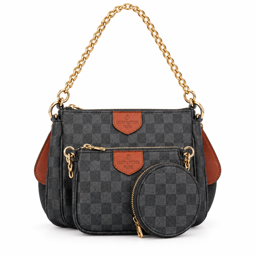 Louis Vuitton style Multi Pochette set - black check, studio view