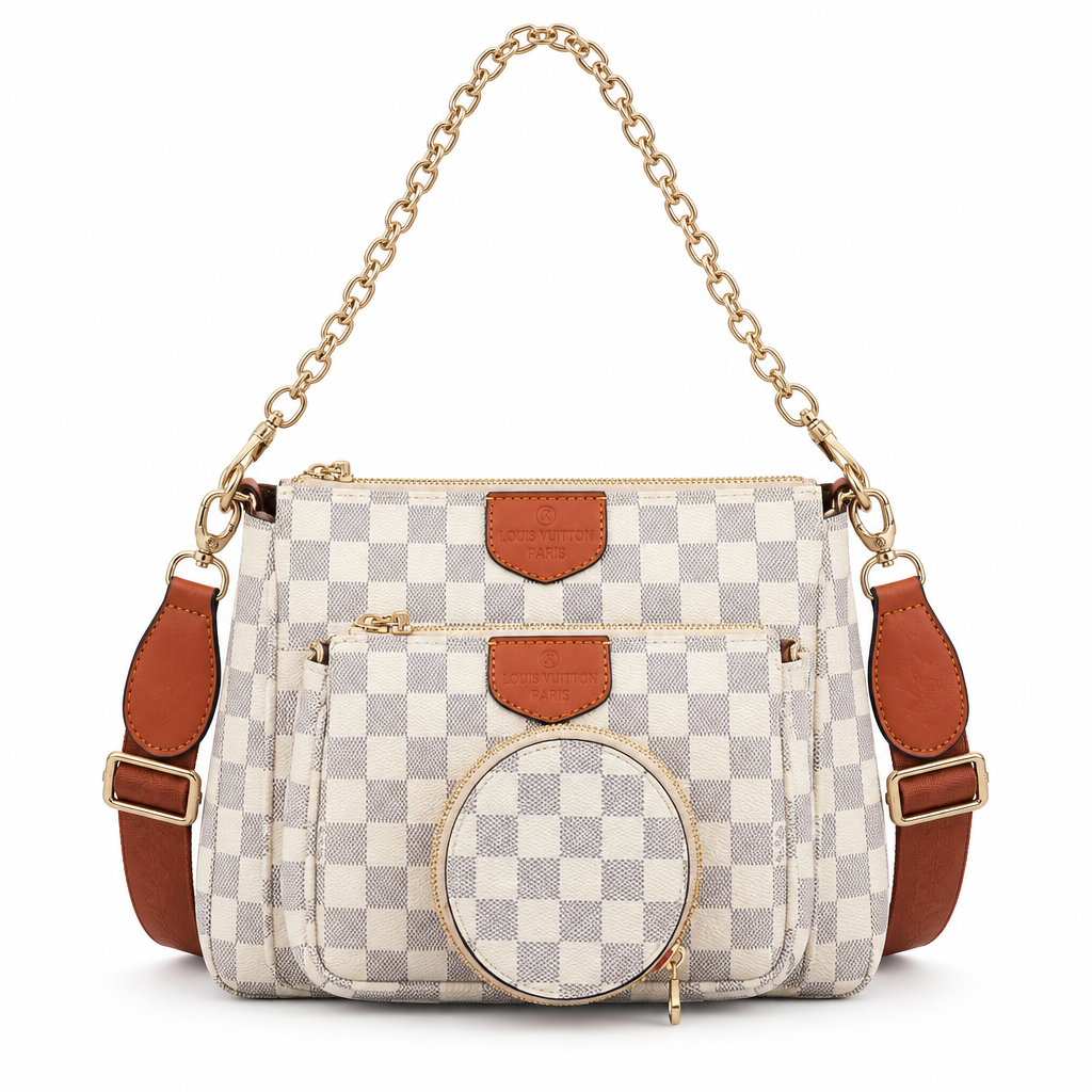 Louis Vuitton style Multi Pochette set - white check, studio view