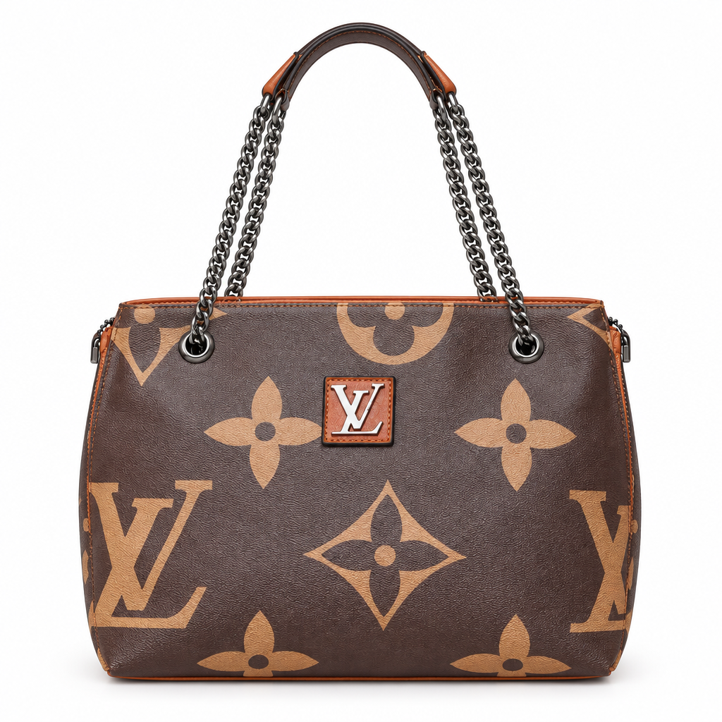 Designer style chain handle tote - Louis Vuitton style brown giant monogram, studio view