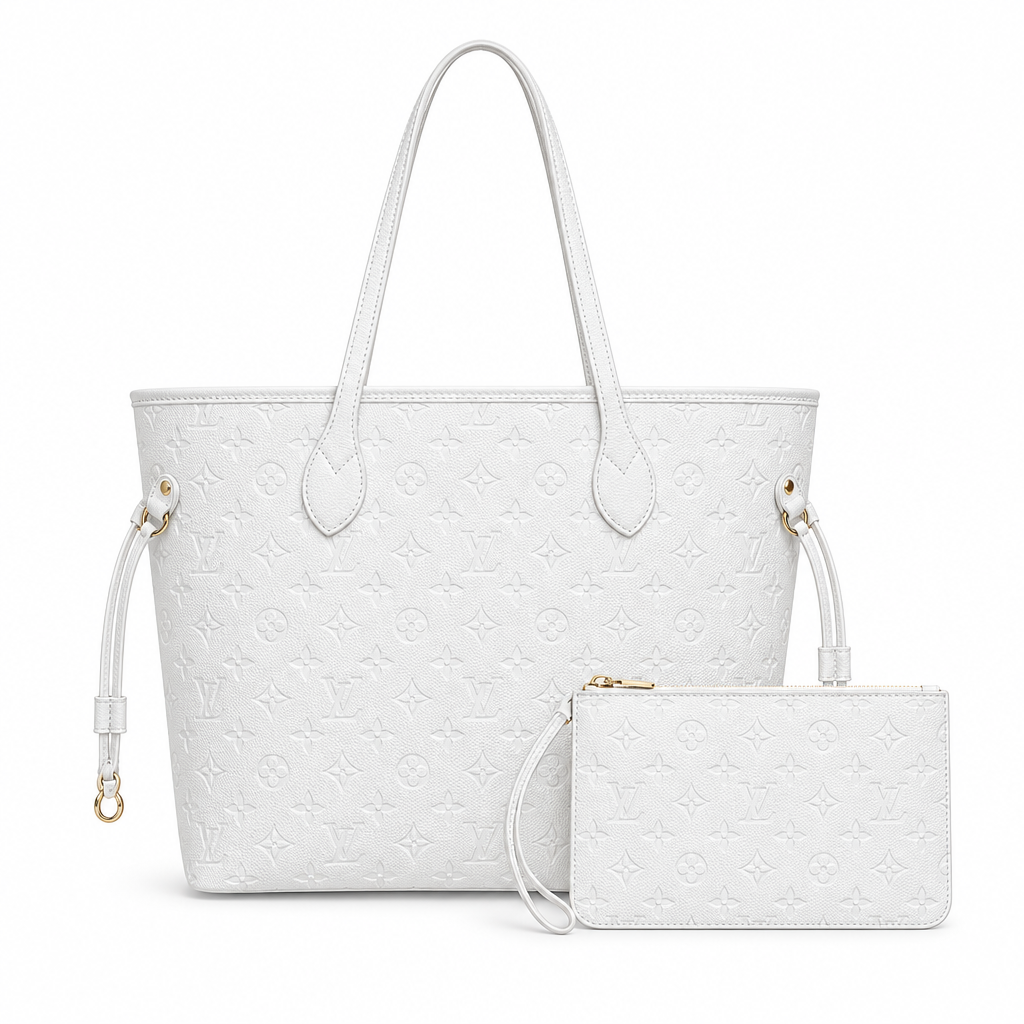 Louis Vuitton style embossed tote and pouch - white, studio view