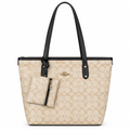 Coach Style Signature Shoulder Tote & Pouch Set - beige with black trim, studio view
