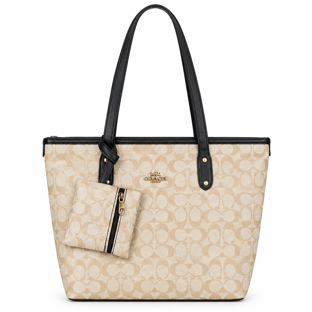 Coach Style Signature Shoulder Tote & Pouch Set - beige with black trim, studio view