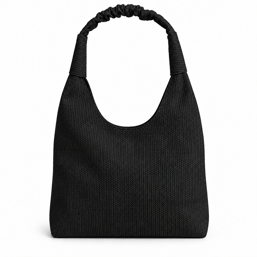 Zara Style Woven Texture Ruched-Handle Shoulder Bag - black, studio view