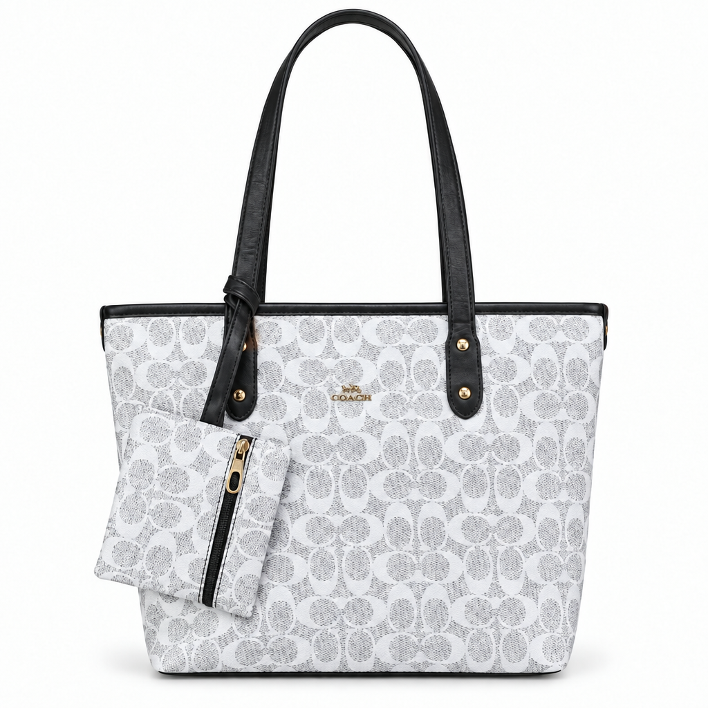 Coach Style Signature Shoulder Tote & Pouch Set - white-grey with black trim, studio view