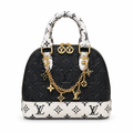 Louis Vuitton Style Monogram Charm-Chain Mini Dome Bag - black and white, studio view