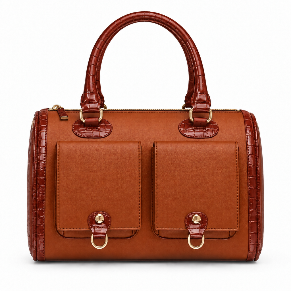 Croc trim barrel handbag with front pockets - rust orange, studio view