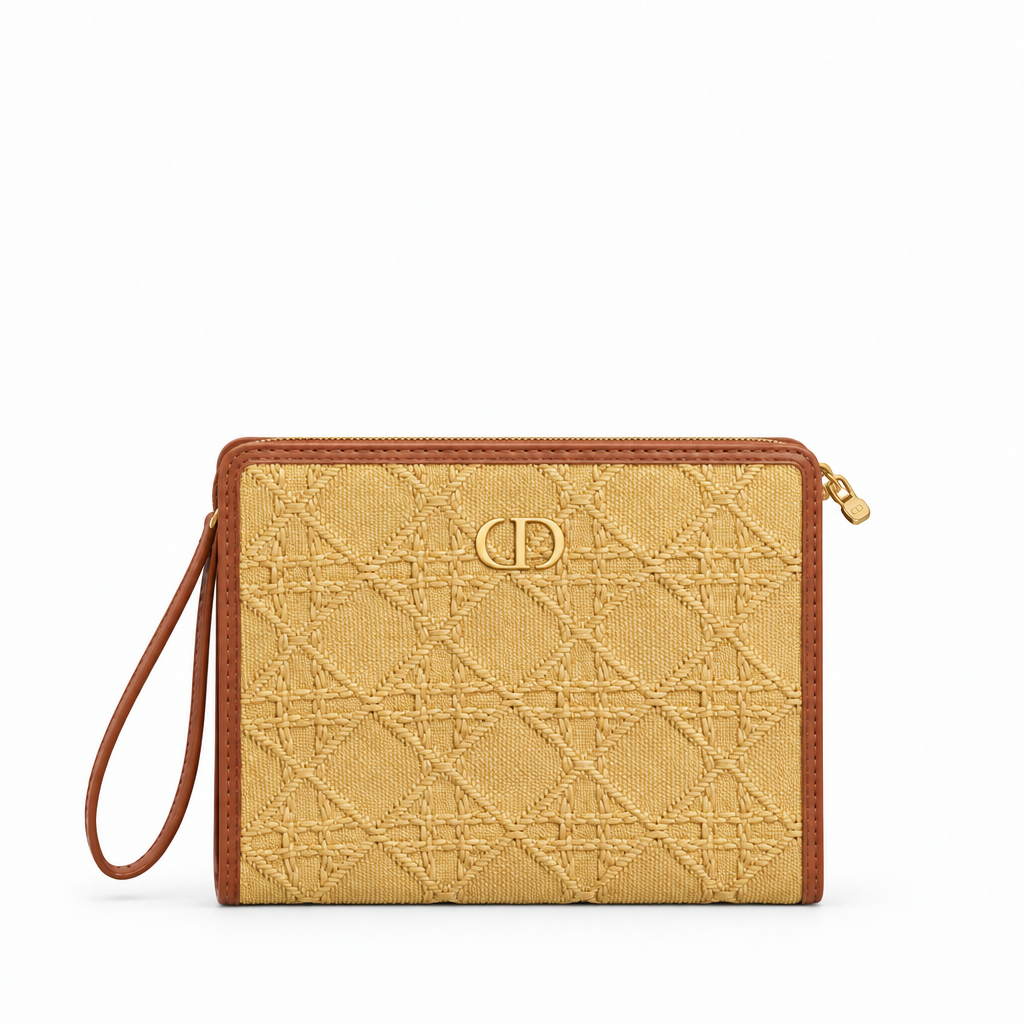 Dior style CD zip clutch pouch - golden straw cannage, studio view
