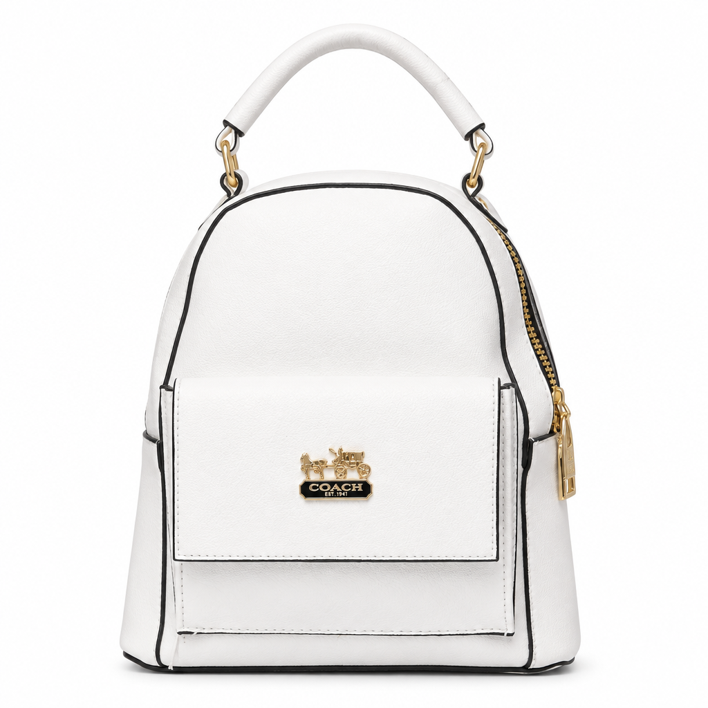 Designer style mini leather backpack - white Coach style, studio view