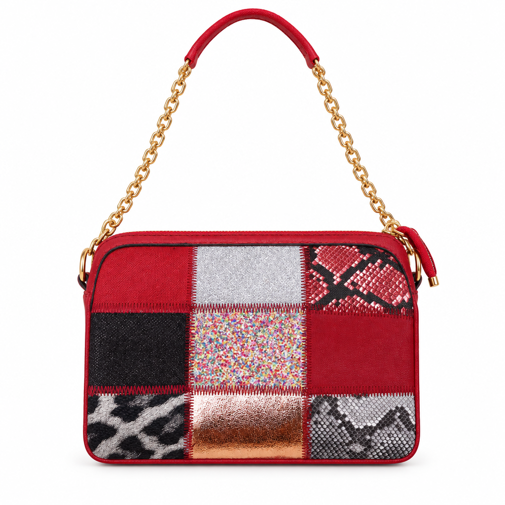Patchwork chain shoulder bag - red, studio view