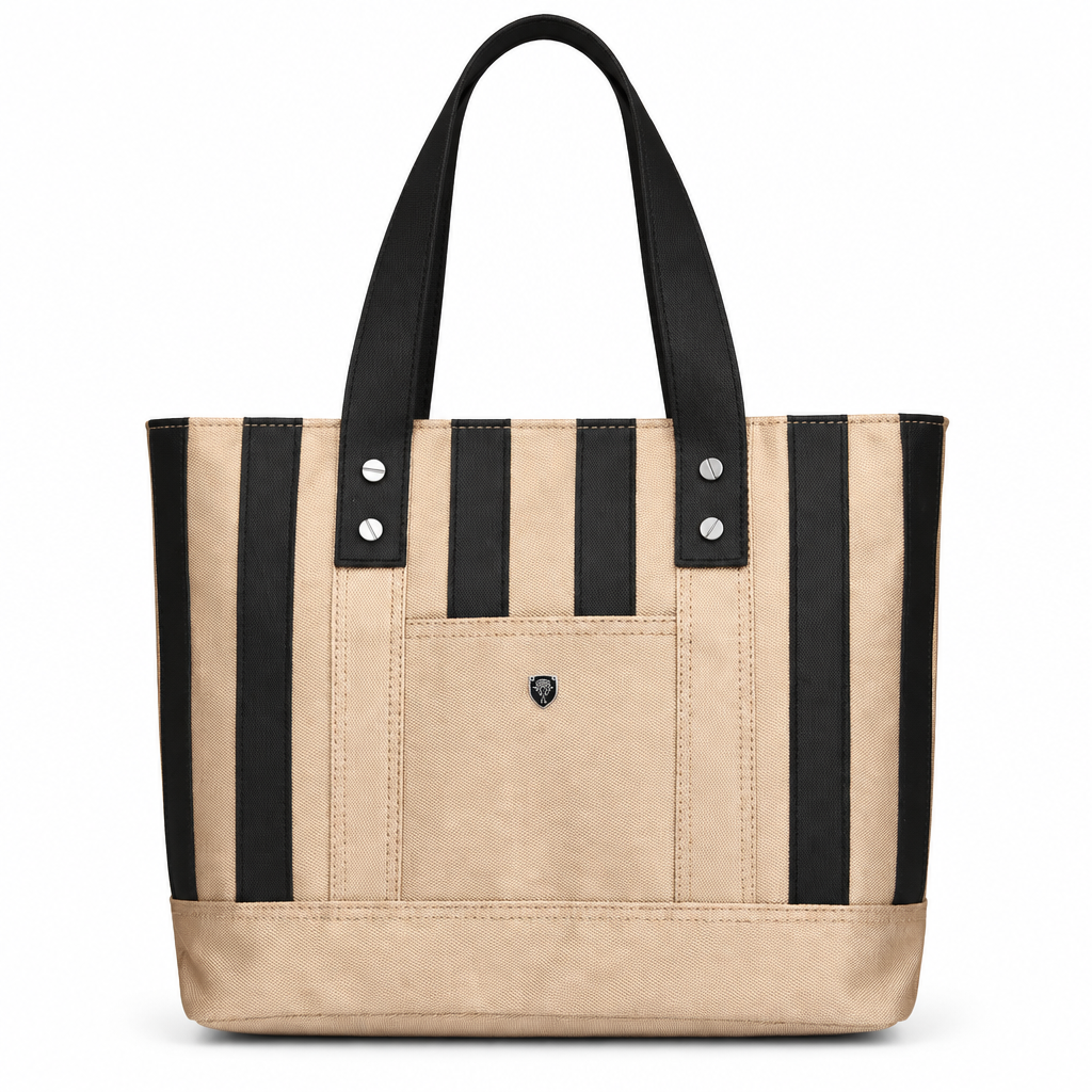 Striped canvas tote bag with front pocket - sand and black, studio view