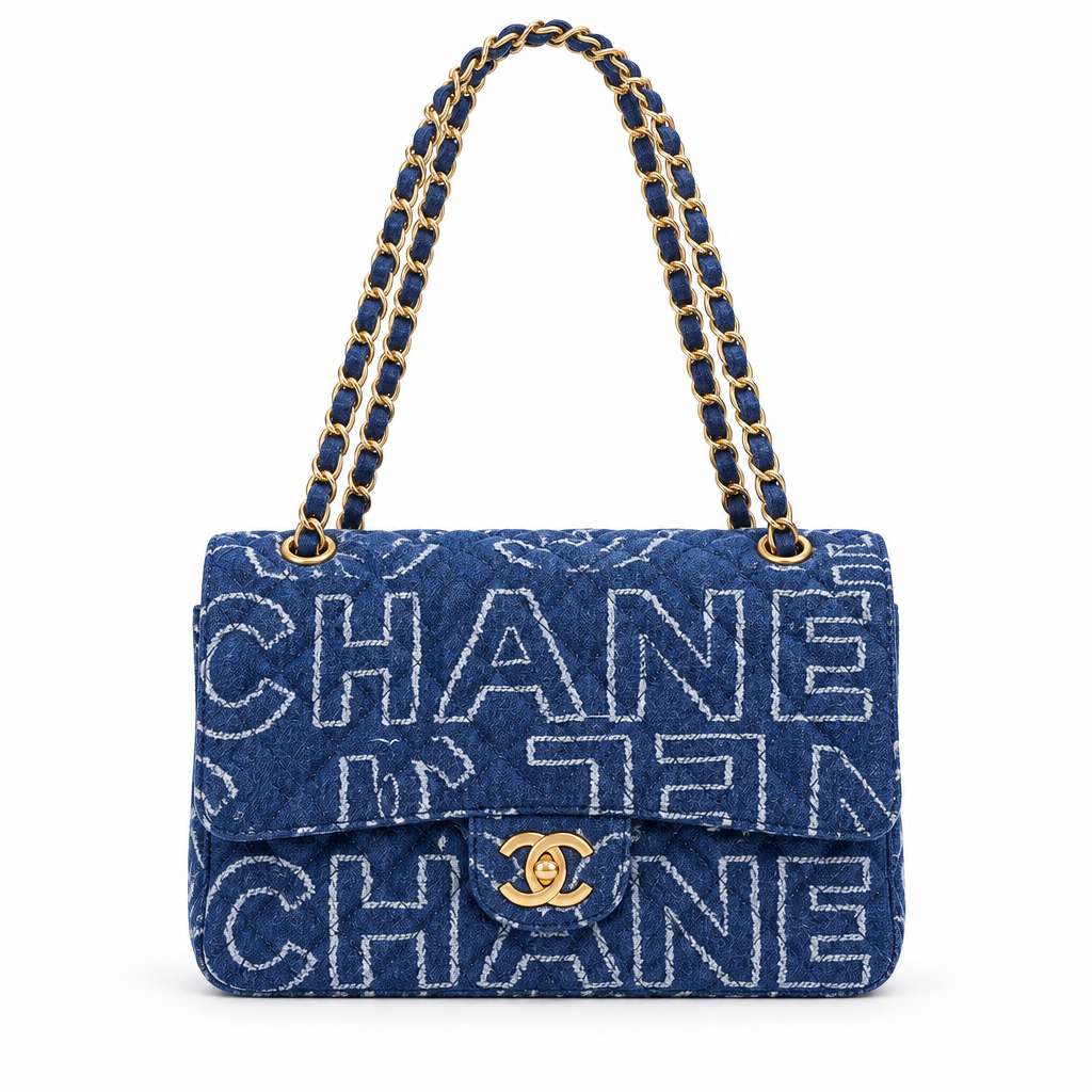 Chanel style medium classic quilted flap bag - dark denim, studio view