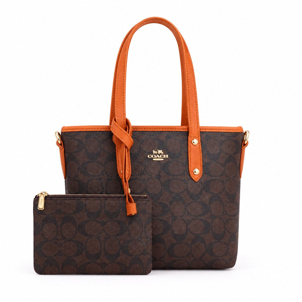 Coach style Signature City mini tote with pouch - dark brown with orange-brown trim, studio view