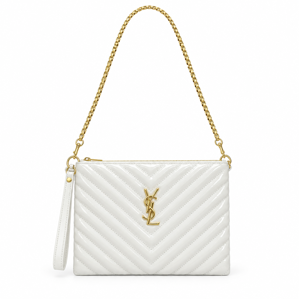YSL style patent chevron clutch with chain - white, studio view
