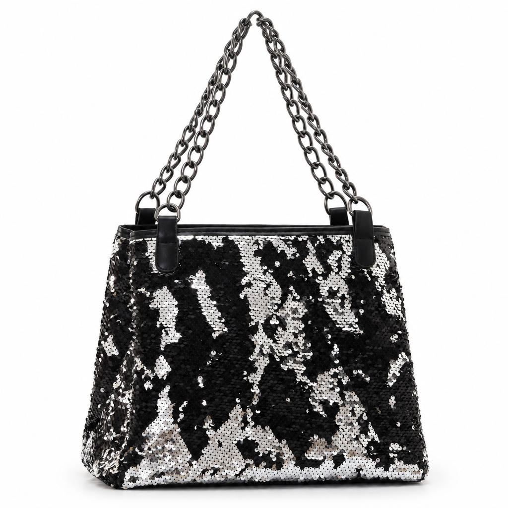 Sequin chain tote bag - black and silver, studio view