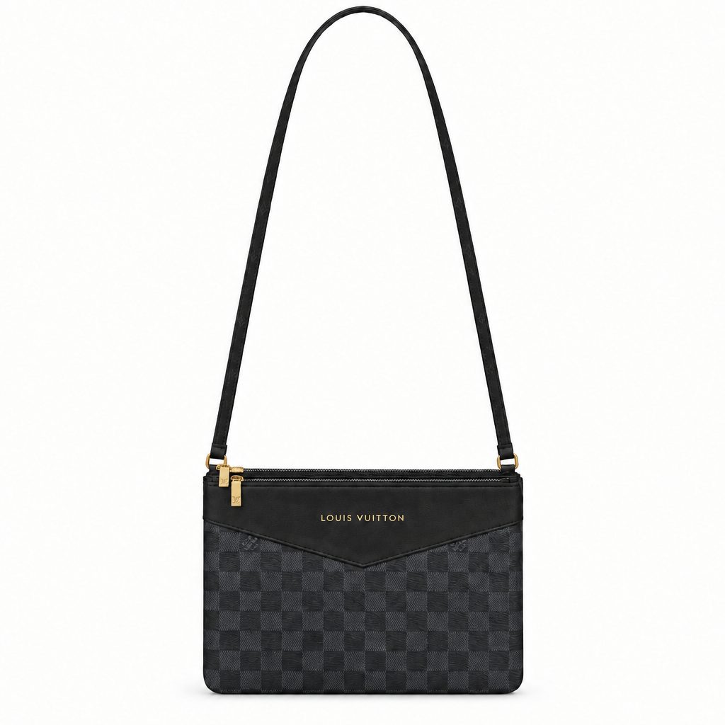 Louis Vuitton style double zip crossbody pouch - black check, studio view
