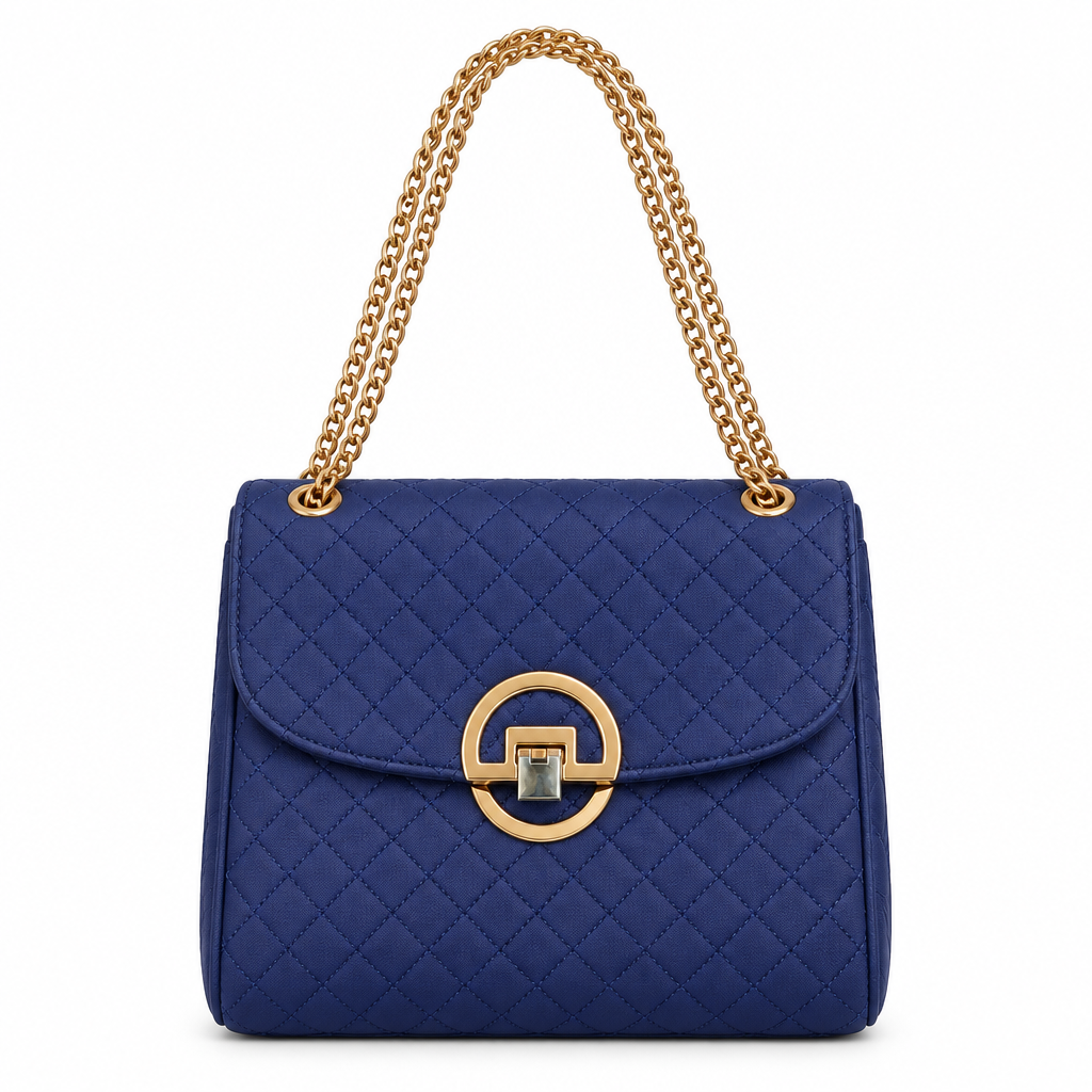 Quilted flap chain bag with gold ring lock - royal blue, studio view