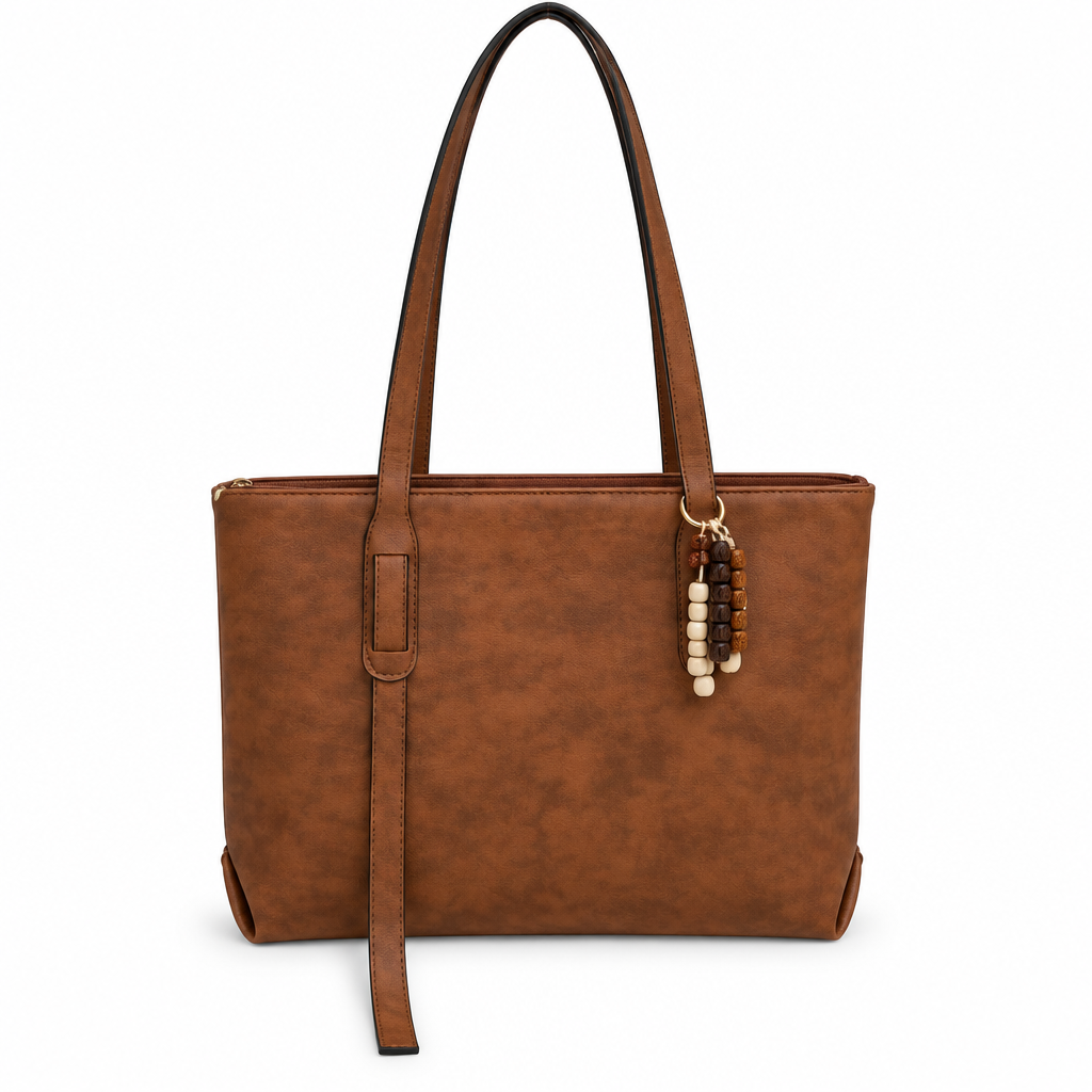 Bead Charm Long-Handle Zip-Top Shoulder Tote - caramel, studio view