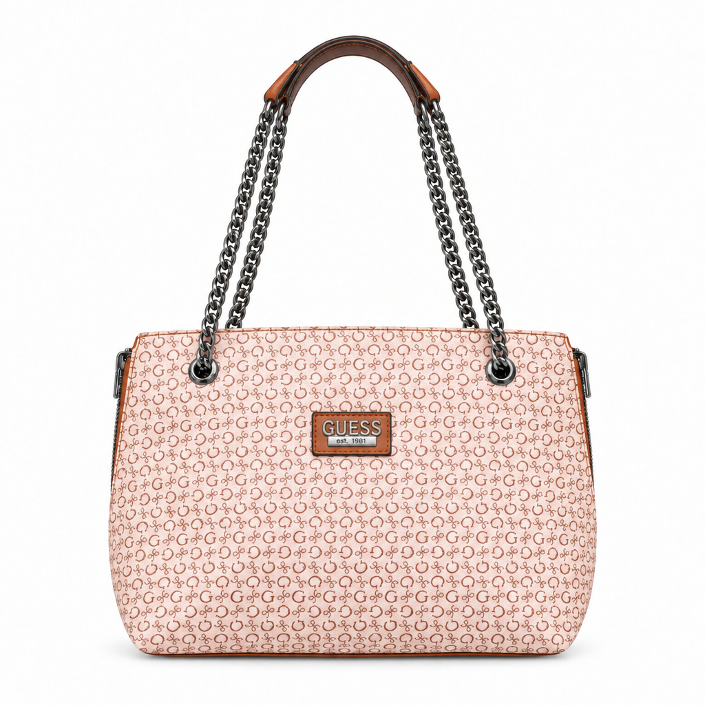 Designer style chain handle tote - GUESS style pink G monogram, studio view