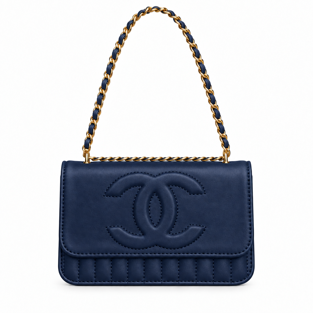 Chanel style quilted CC chain flap shoulder bag - navy, studio view