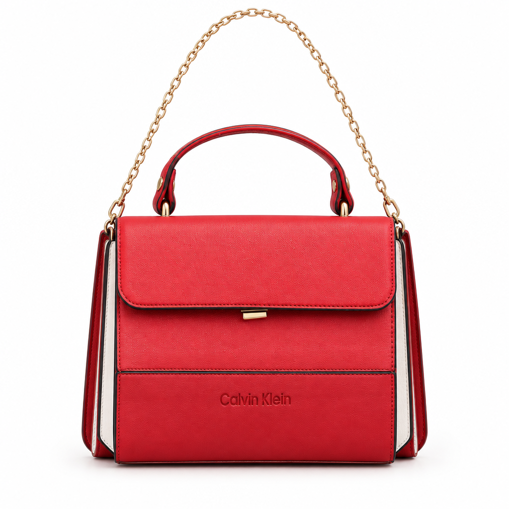 Calvin Klein style structured top handle bag - red, studio view