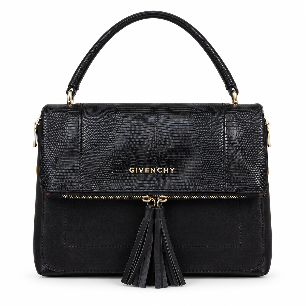 Givenchy style fold-over tassel bag - black, studio view