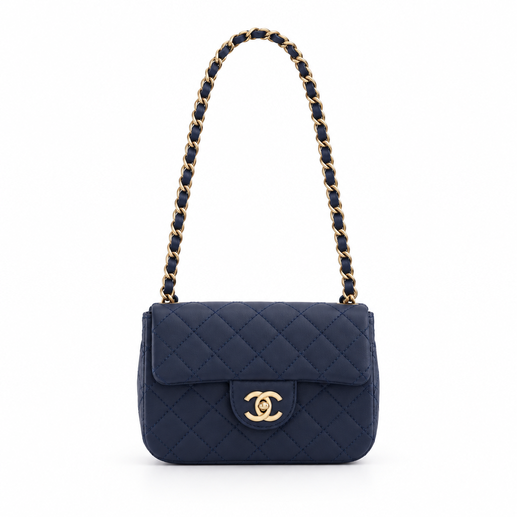 Chanel style mini quilted flap bag with chain strap - navy, studio view