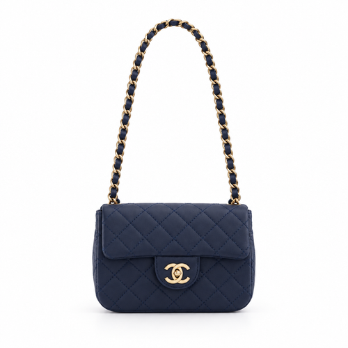 Chanel style mini quilted flap bag with chain strap - navy, studio view
