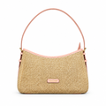 Charles & Keith style woven straw shoulder bag - natural with pink trim, studio view