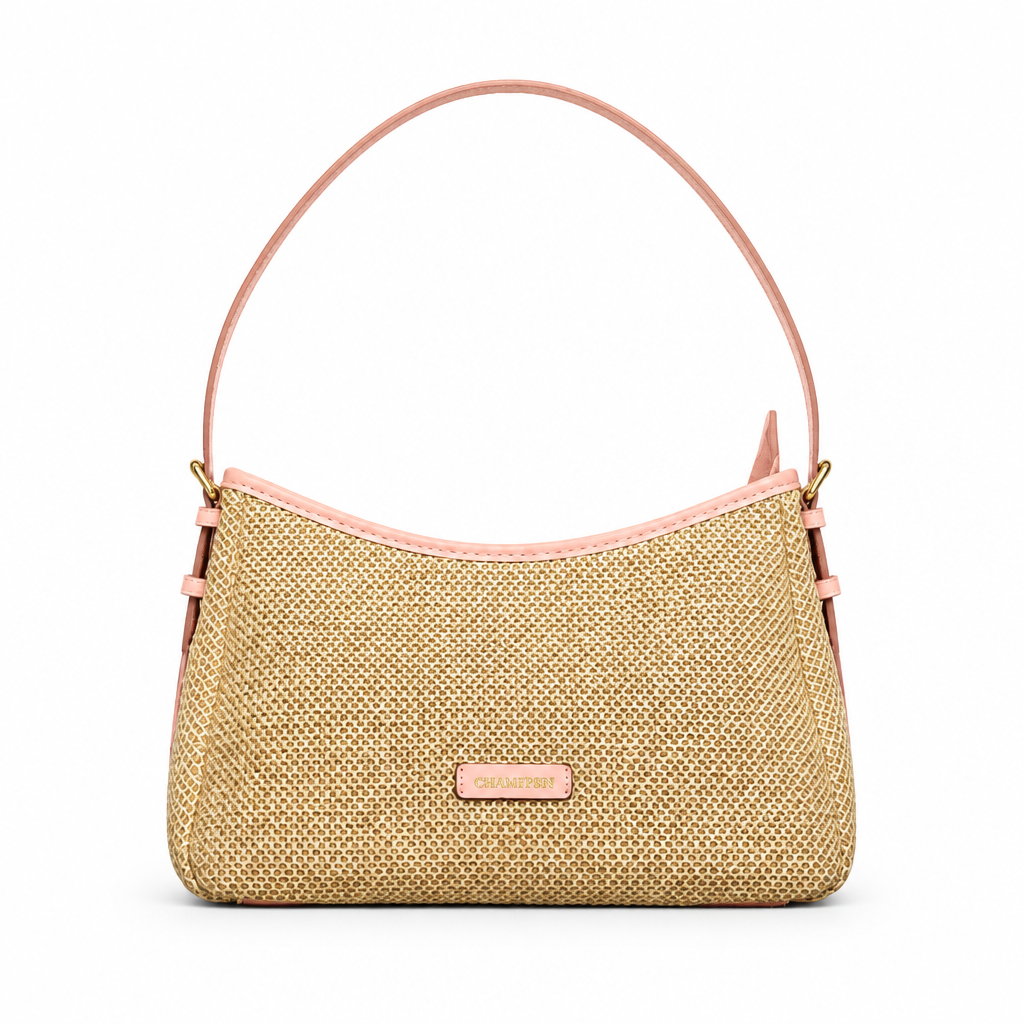 Charles & Keith style woven straw shoulder bag - natural with pink trim, studio view