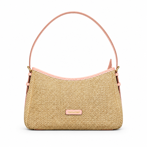 Charles & Keith style woven straw shoulder bag - natural with pink trim, studio view