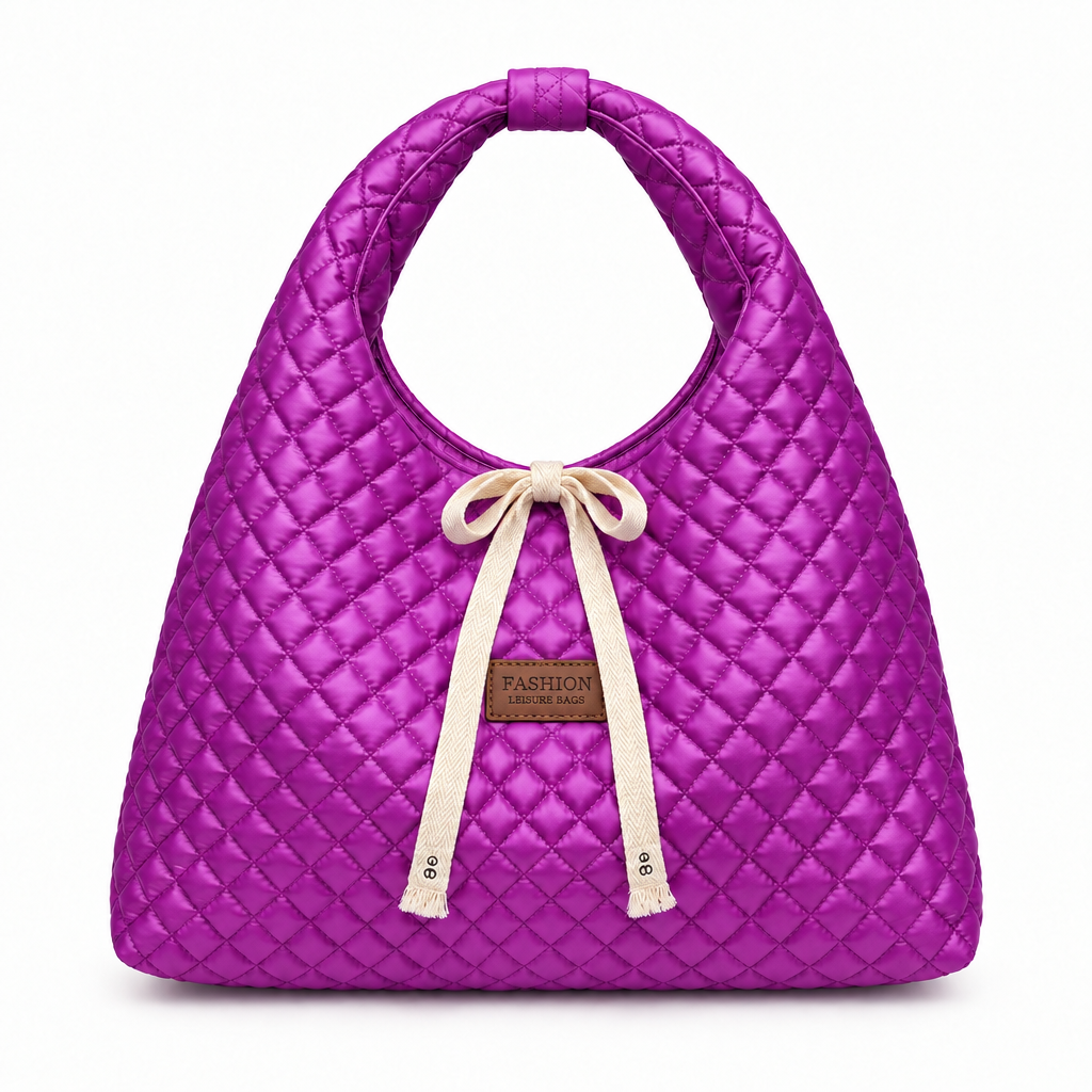 Diamond-Quilted Ribbon Bow Shoulder Tote - glossy purple, studio view