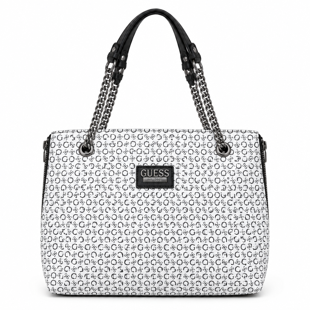 Designer style chain handle tote - GUESS style white G monogram, studio view