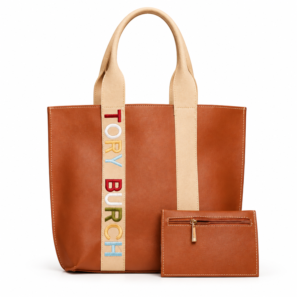 Tory Burch style embroidered logo tote with pouch - cognac, studio view