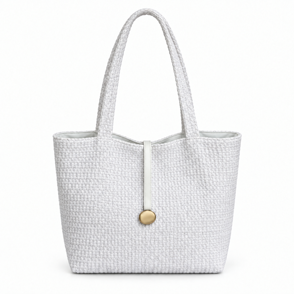 Woven Texture Gold-Charm Shoulder Tote - white, studio view