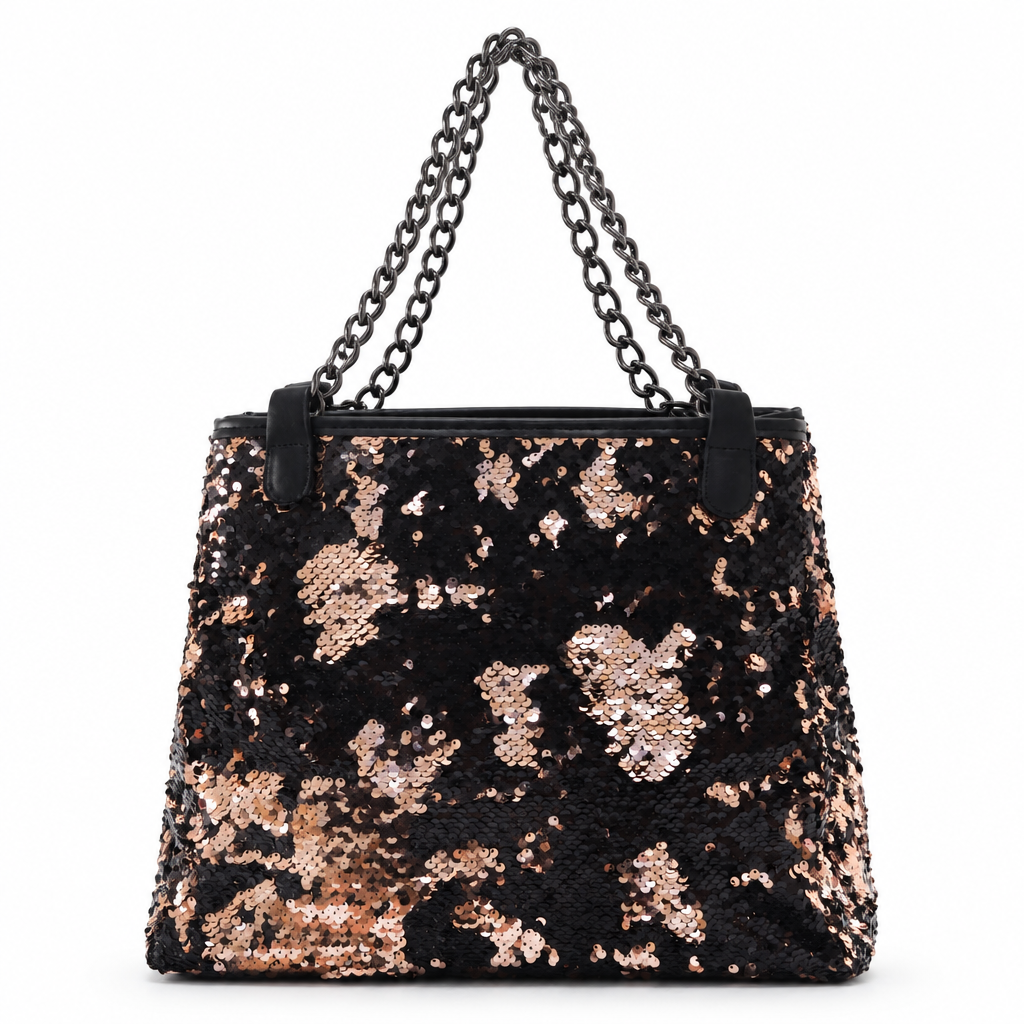 Sequin chain tote bag - black and rose gold, studio view
