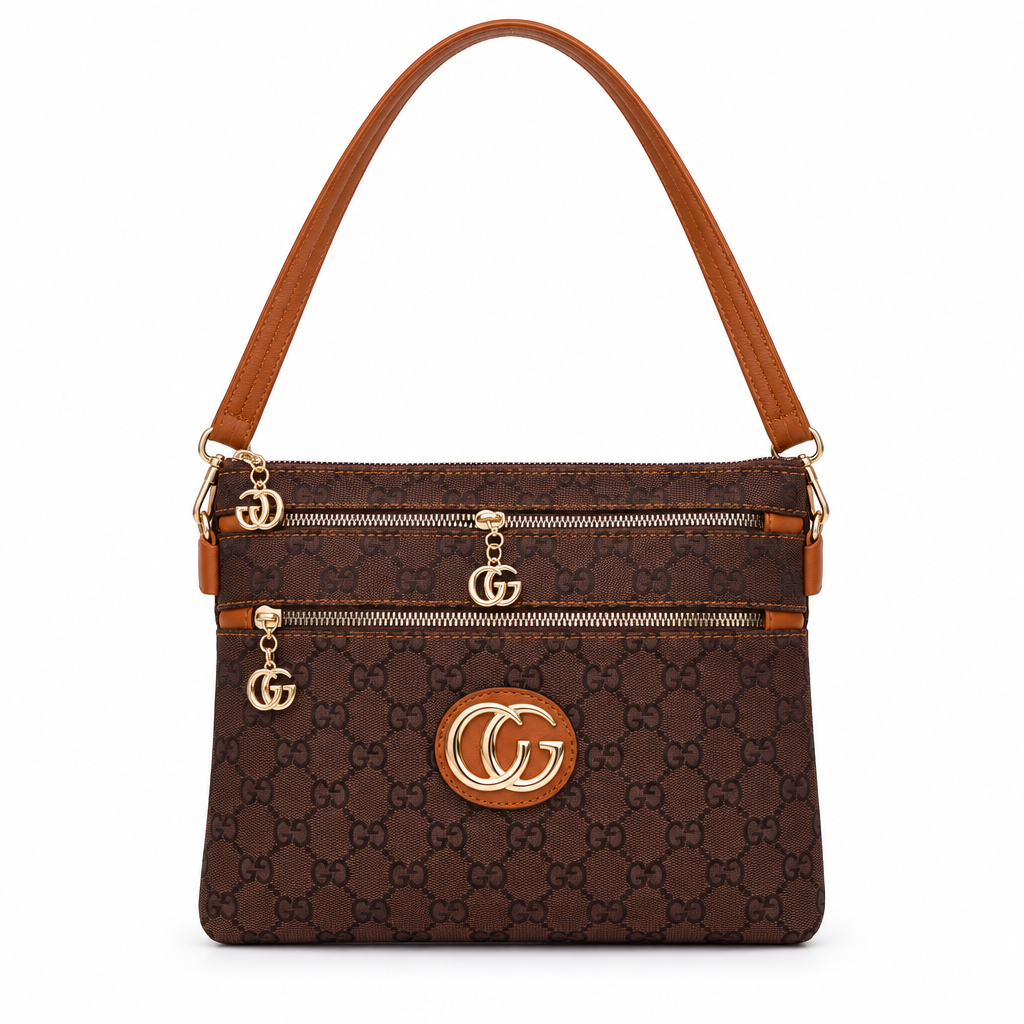 Gucci style GG canvas double zip shoulder bag - dark brown, studio view