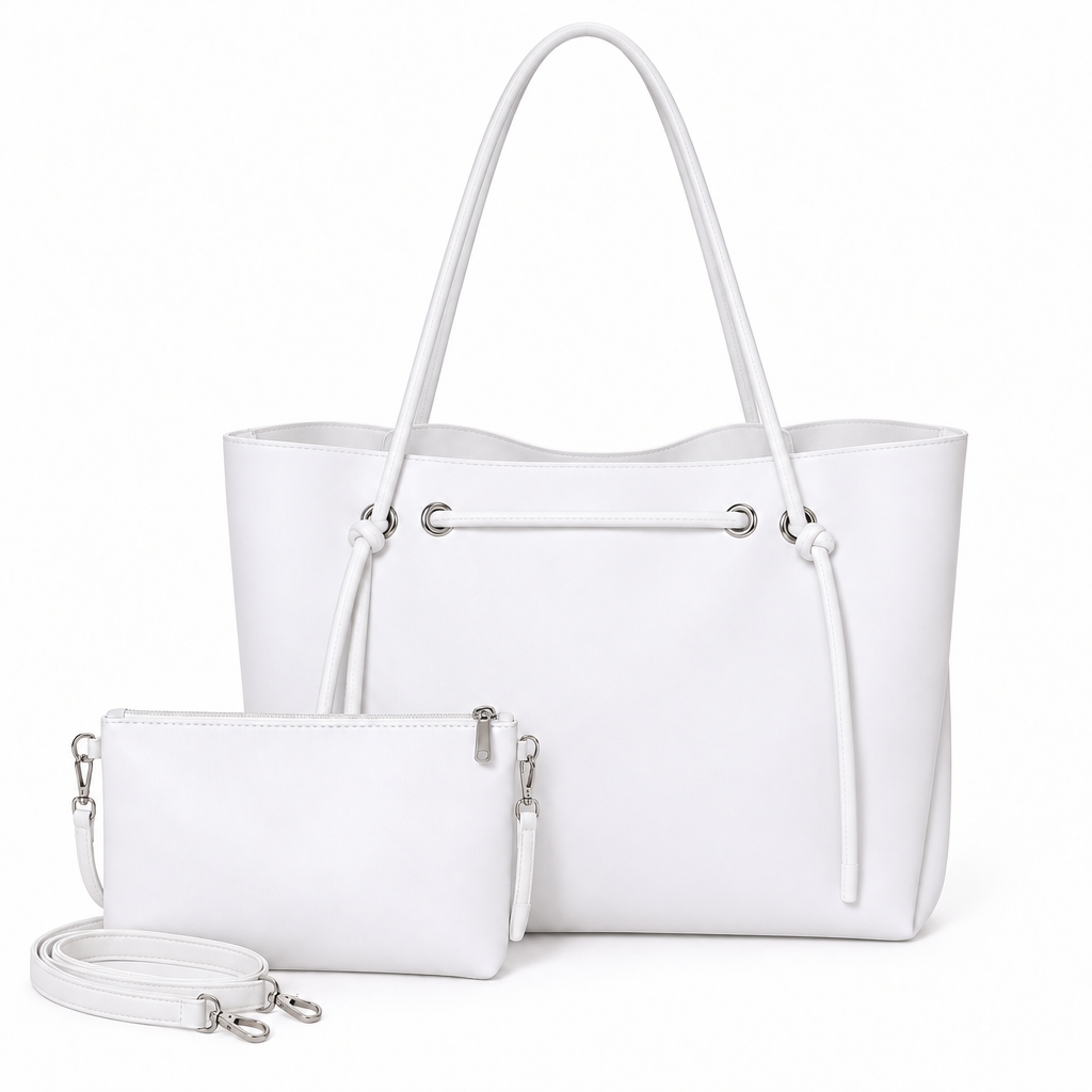 Knotted Cord Shoulder Tote & Matching Pouch Set - white, studio view